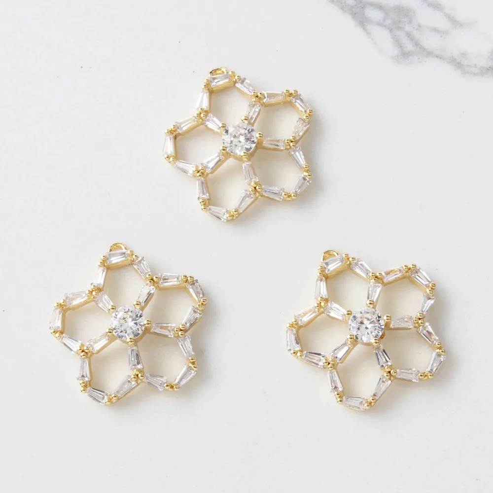 2PCS 14k Gold Plated Jewelry Findings Components Making Supplies Five Petal Zircon Pendant DIY Hand Made Accessories