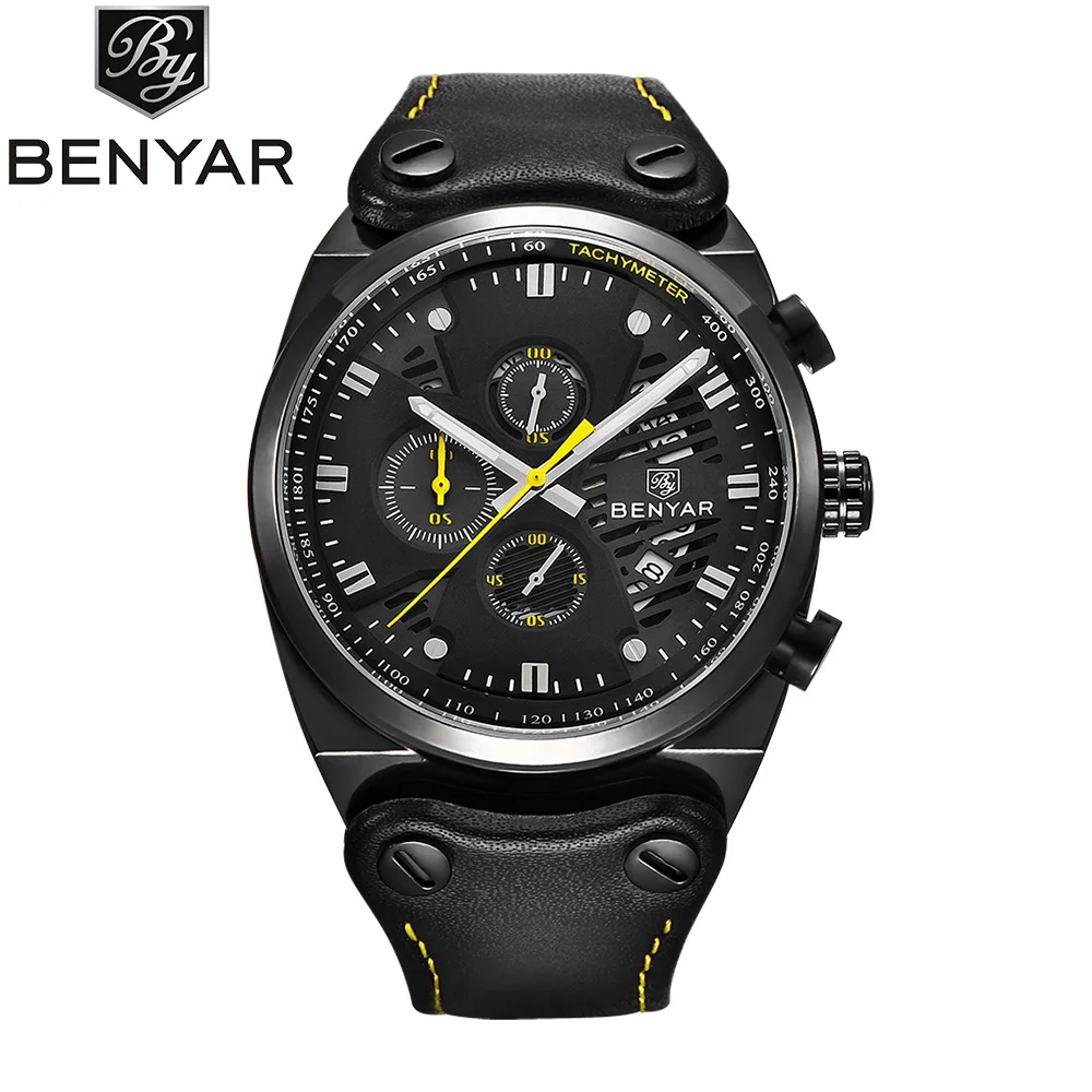 Benyar Watch Men Luxury 2019 Top Brand Mens Waterproof Watches Men's Sport Wrist Watch Man Leather Band Clock Relogio Masculino