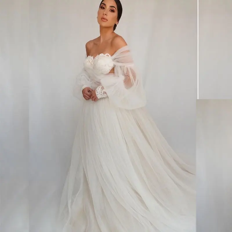 2021 Wedding Dress Off Shouler Long  Puff Sleeve Bridal Gowns Tulle High Quality For Women Brides Charming Simple Floor Length