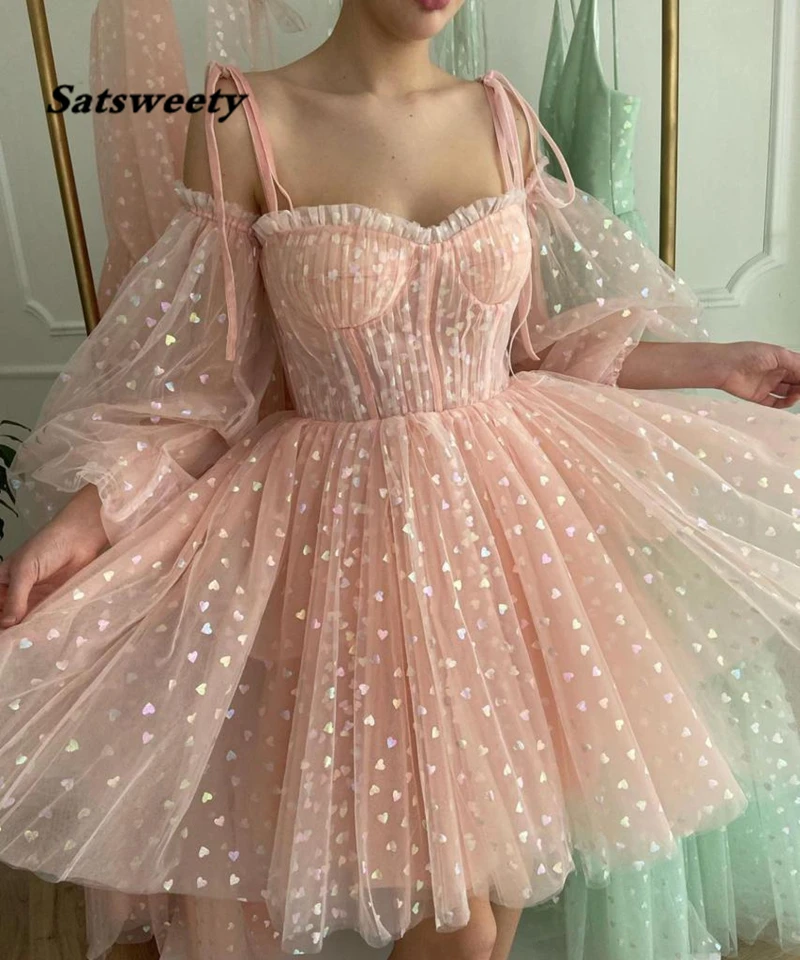 

Blush Pink Mini Prom Dresses Off the Shoulder Puff Sleeves Hearty Tulle Short Prom Gowns Above Knee Formal Party Dresses