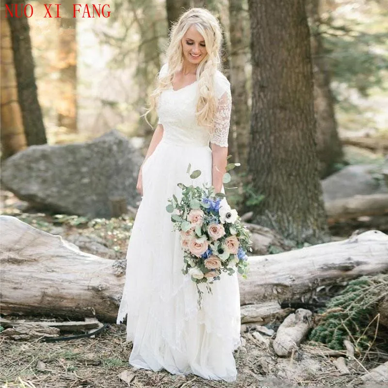 Robe de mariée en dentelle blanche ivoire, col en V, ligne A, Boho, demi-manches, robe de mariée de plage, robe de mariée princesse, 2020