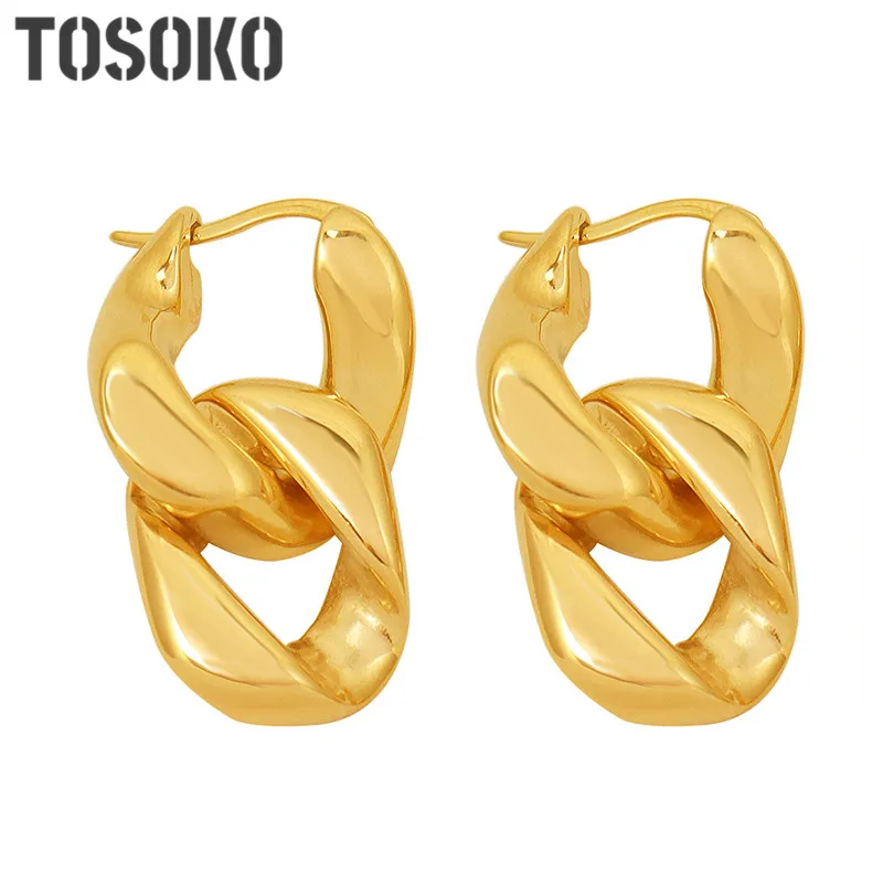 TOSOKO Stainless Steel Jewelry Double Rng Buckle Exaggerated Twist Earrings Women's Fashion Earrings BSF571