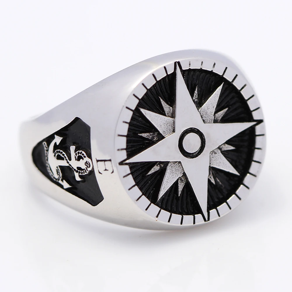 Men`S Compass Marine Anchor Nautical Ship Helm Wheel 925 Sterling Silver Jewelry Ring