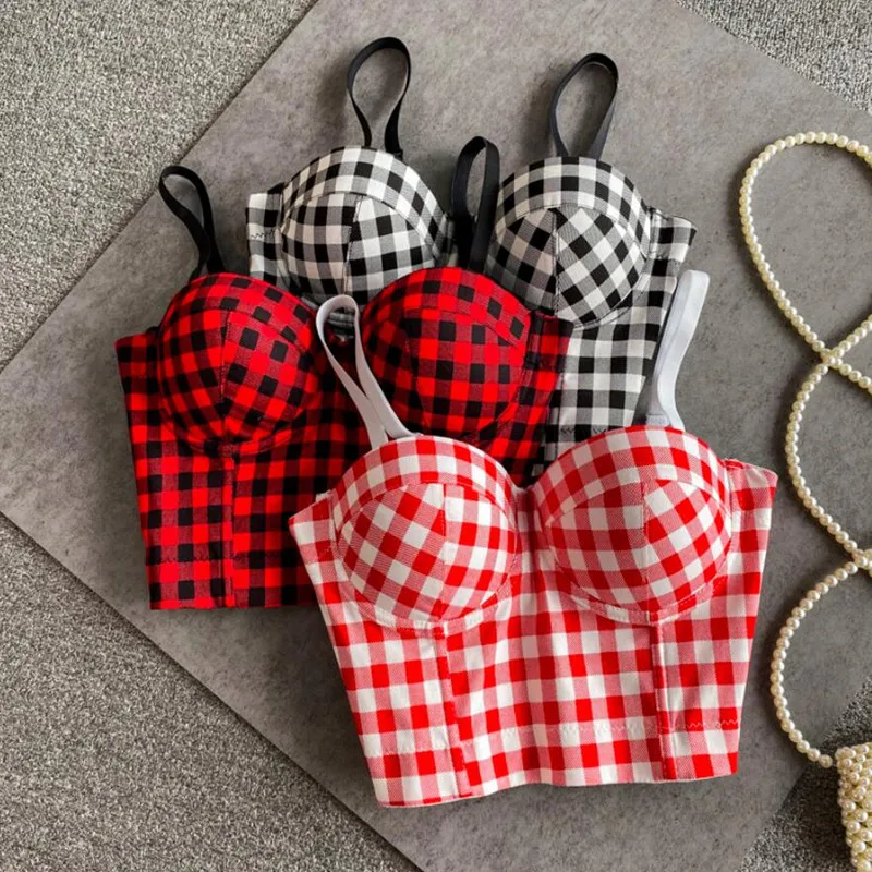 

Fashion Outer Wear Camisole Women Stereo Gathered Wrapped Chest Underwear Retro Plaid Short Bustier Crop Tops q365