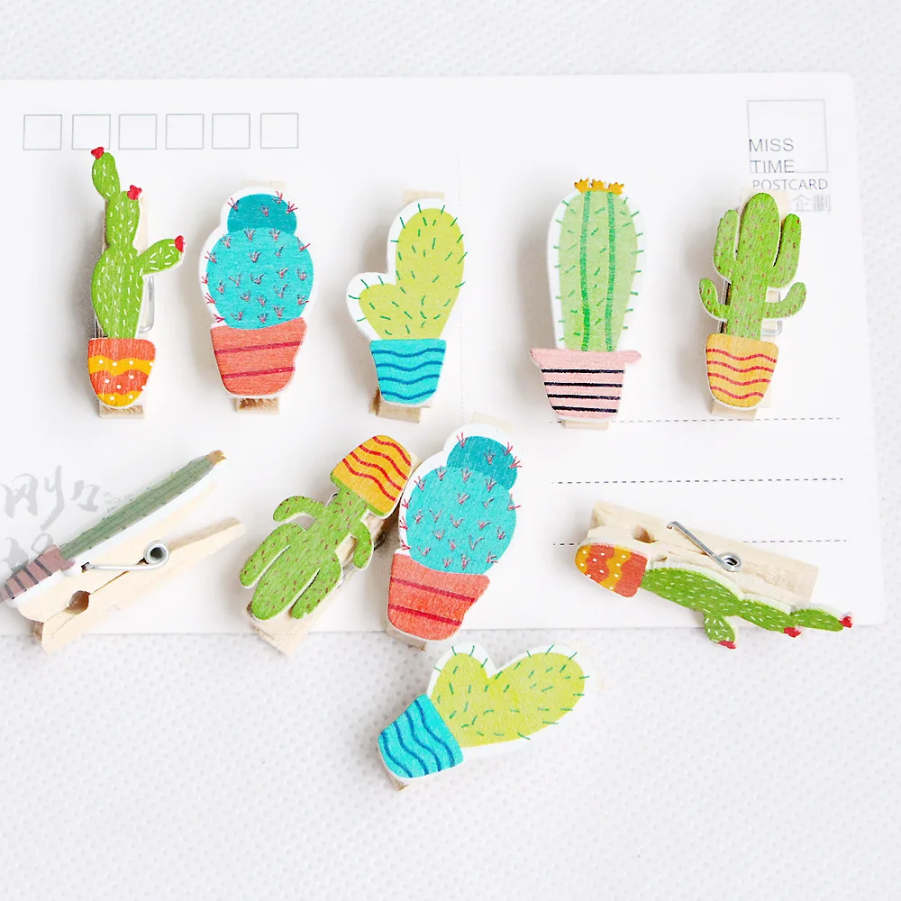 10 pcs/pack Kawaii Fresh Cactus Wooden Planner Clip Photo Paper Craft DIY Clips Binder with Hemp Rope Card Holder Stationery