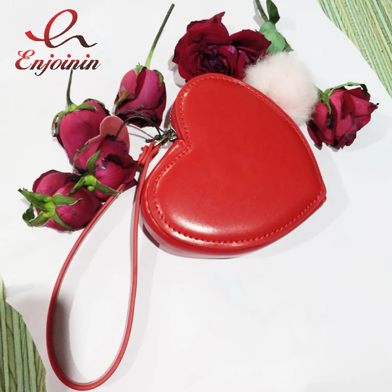 Sweet and Cute Heart Shaped Mini Coin Purse for Young Girls Red Short Wallet Women Zipper Card Holder Clutch Pu Leather 2021