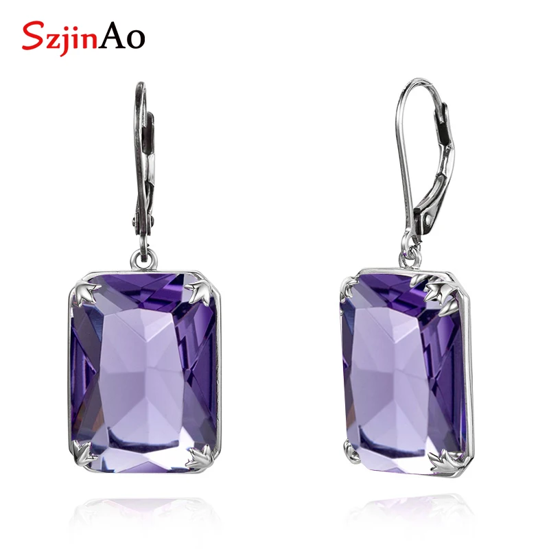 

Szjinao Vintage Long Drop Earrings For Women With Stone Purple Amethyst Lever Backs Solid 925 Sterling Silve Woman Jewelry Retro