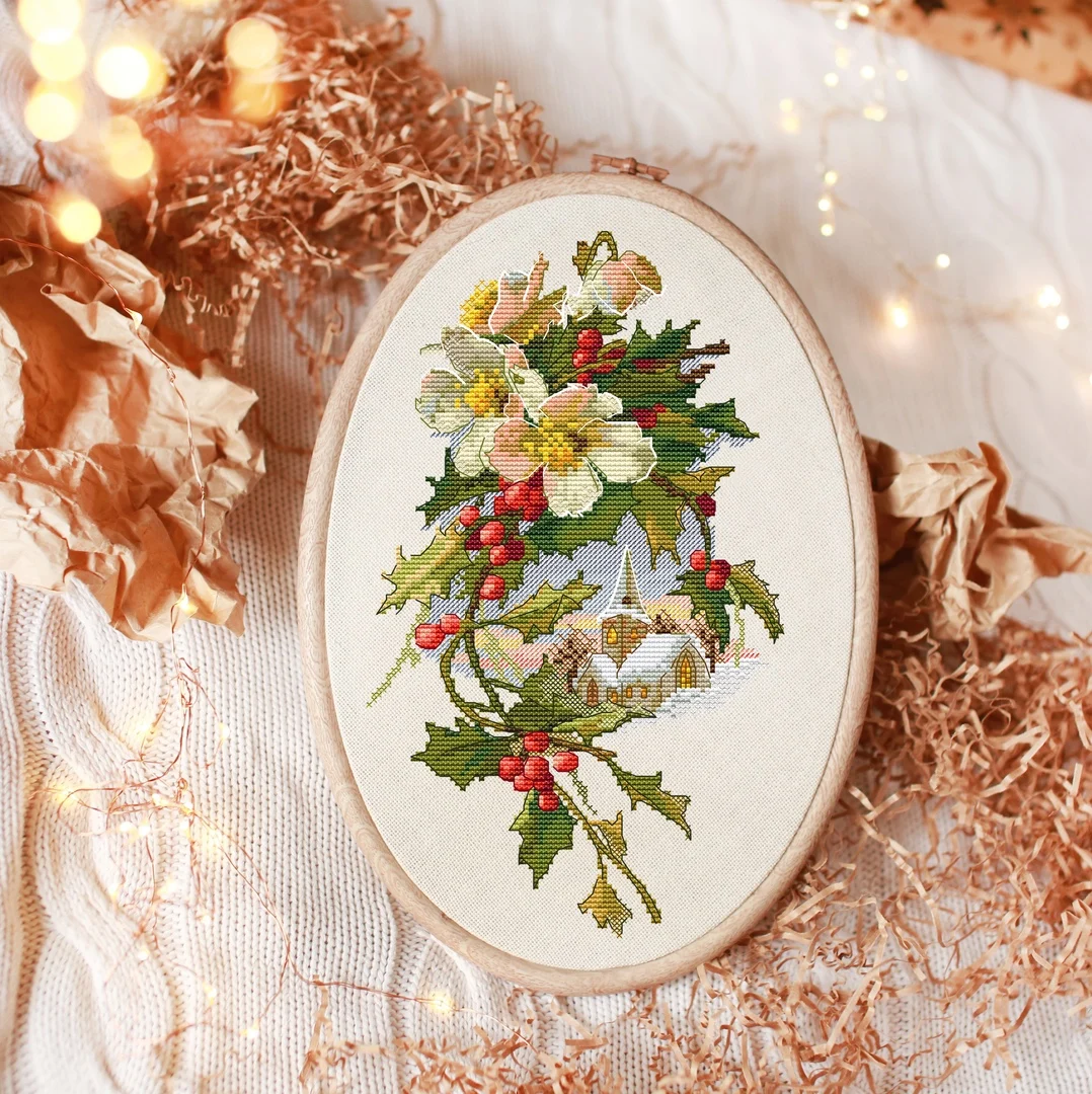 

Oval Landscape-Christmas Eve Cross Stitch Set Cross-stitch Kit Embroidery Needlework Craft Packages Cotton Fabric Floss