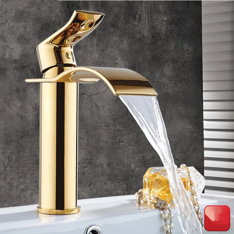 Grifo de lavabo dorado y blanco, grifería de cascada de latón, mezclador de lavabo de baño, grifo de fregadero caliente y frío