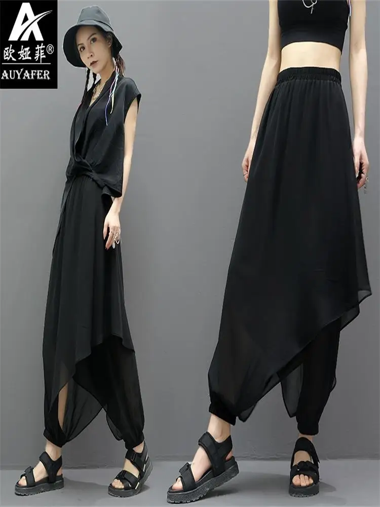 Ladies Pant Skirt Summer New Brunet Elastic Waist Chiffon Splicing Wide Leg Pants Irregular Design Thin