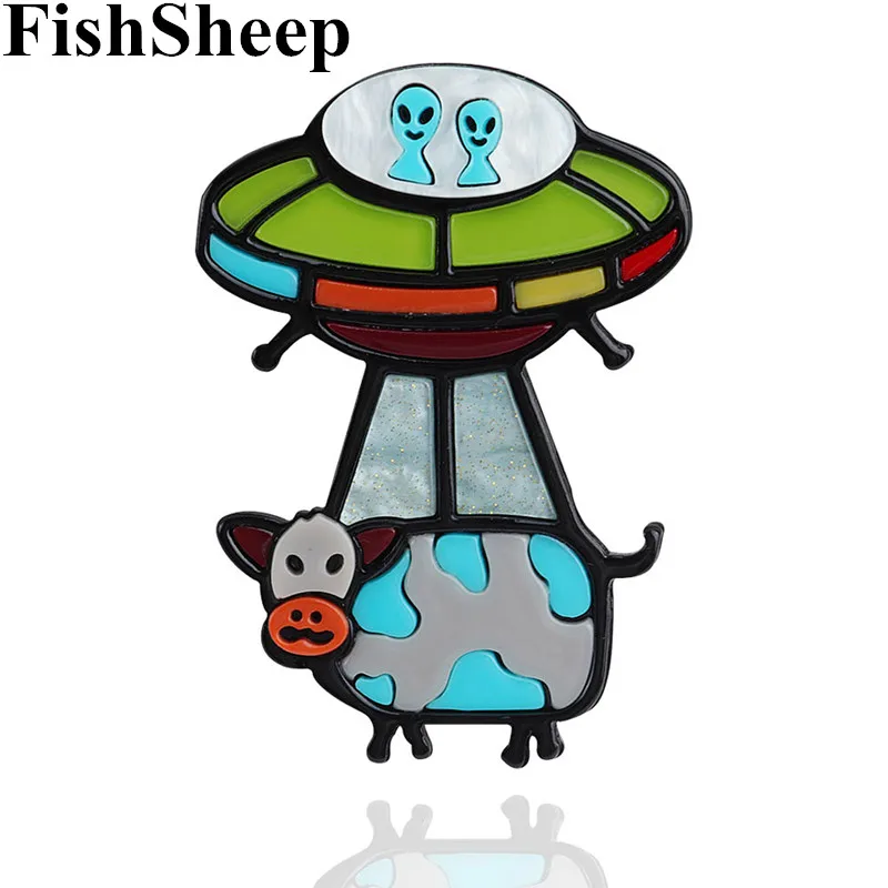 FishSheep Acrylic Alien Flying Saucer Brooches Pins For Women Lovely Big UFO Spaceship Spaceman Brooch Lapel Pins New Gifts