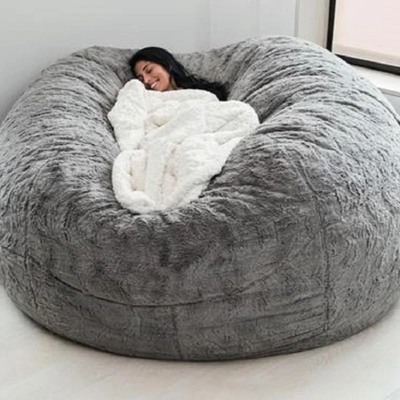 Dropshipping giant fur bean bag cover big round soft fluffy faux fur beanbag lazy sofa bed cover living room furniture