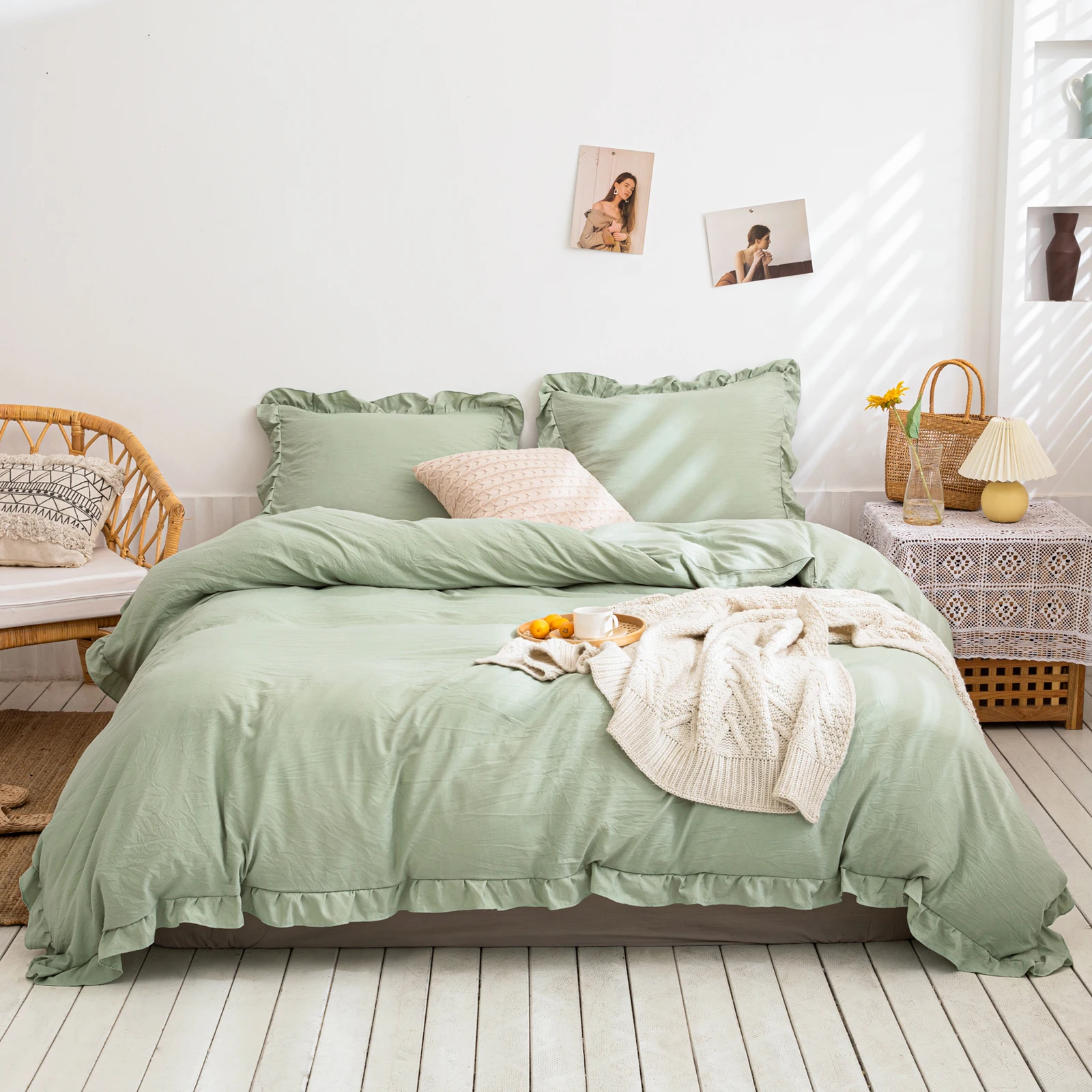 

Green Bedding Sage Green Ruffle Duvet Cover Set Solid Ruffled Fringe Design Sage Green Comforter Cover Set