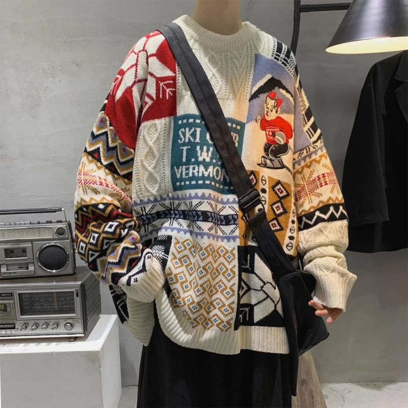 

Мужской свитер с длинным рукавом Harajuku мультяшный лыжный медведь геометрический вязаный Топ оверсайз T8NB