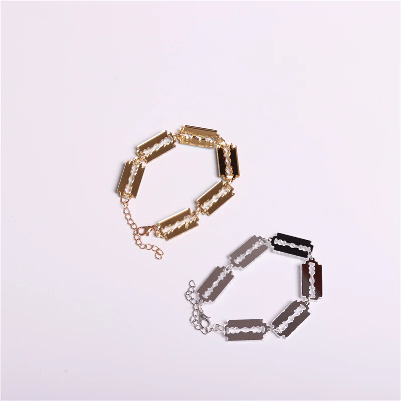 KUGUYS Gold Silver Color Blade Razor Bracelet Women Men Male Hollow out Mirror Acrylic Trendy Fashion Jewelry Accessories