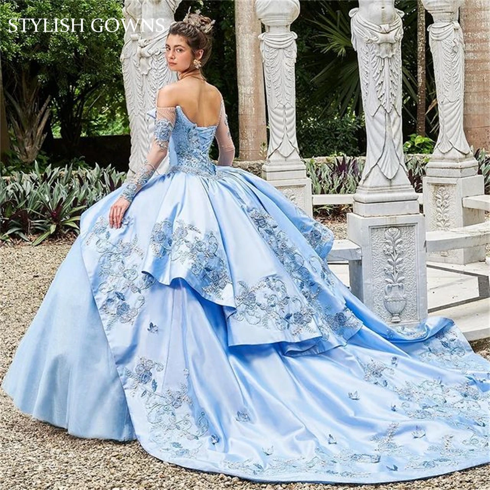 หวาน16ฟ้าปิดไหล่เจ้าหญิง Quinceanera Ball Gown สำหรับสาวลูกปัด Appliques ชุด Vestidos De 15 anos