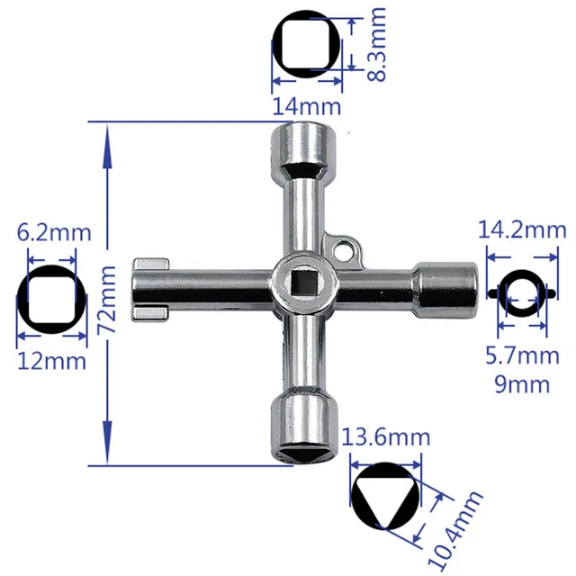 4-Wege-Universal-Kreuz-Dreiecksschlüssel, Schlüssel für Zug, elektrischer Aufzug, Schrank, Ventil, Legierung, Dreieck