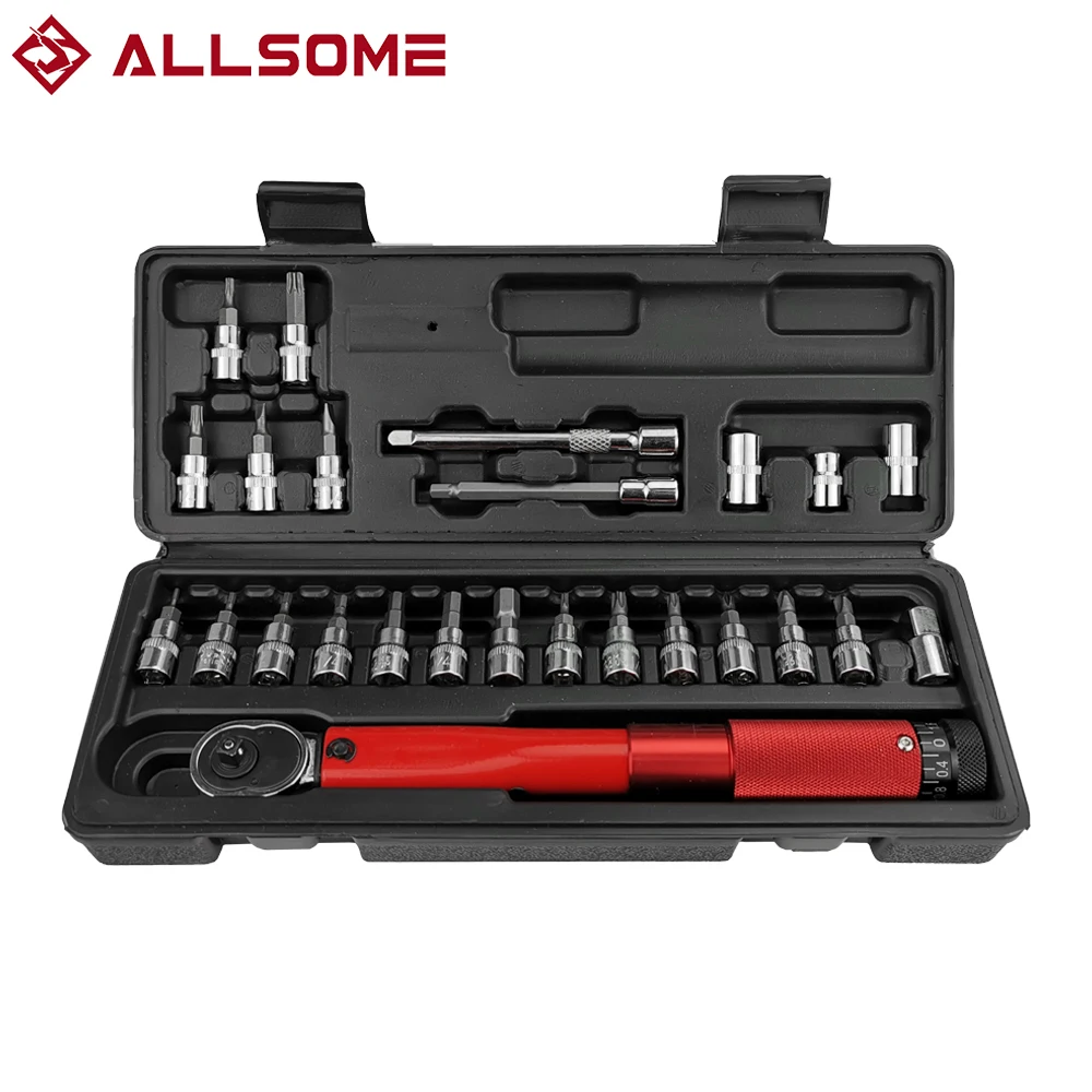 

ALLSOME 1/4" 2-24Nm/2-14Nm Adjustable Torque Wrench Bicycle Repair Tools Kit Set Tool Bike Repair Spanner Hand Tool Set 15/25Pcs