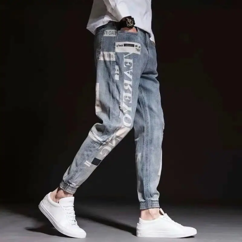 Designer Jeans for Men Letter Print Male Harem Pants Baggy Jeans Distressed Man Cargo Jeans Ankle Banded Hip Hop Ripped Jeans
