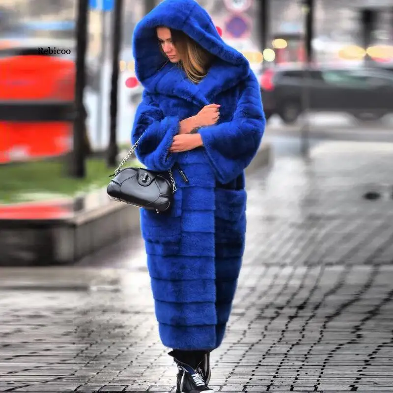 Luxury Woman\'s Winter Hooded 120cm Long Eco-friendly Mink Fur Coat Girls Warm Popular Long-Sleeved High-Quality Blue Outerwear