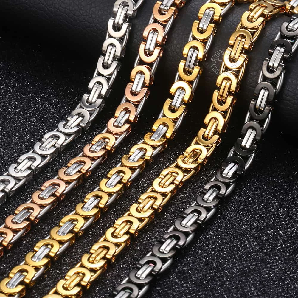 

Davieslee Necklace for Men Flat Byzantine Link Black Gold Silver Color Chain Stainless Steel Vintage Jewelry 6/8/11mm LKNM22