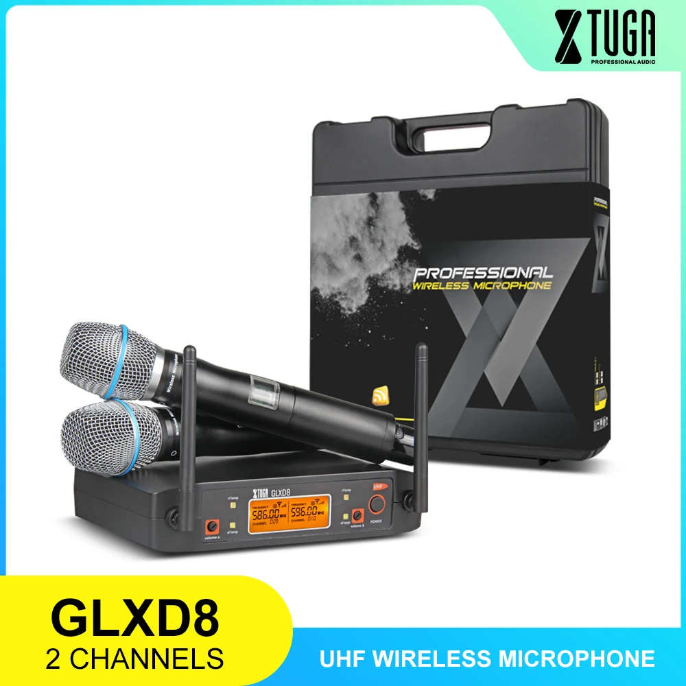 XTUGA-Sistema de micrófono portátil UHF, con estuche de transporte, 2 cajas de Metal con micrófono de mano, inalámbrico, para escenario, iglesia, boda, GLXD8