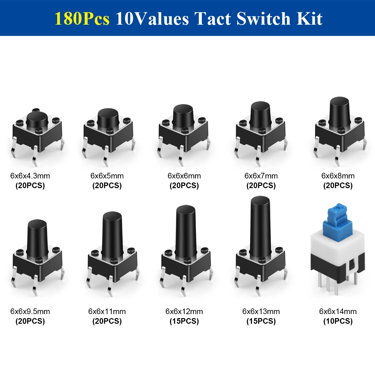 180Pcs 10Values 6x6x4.3/5/6/7/8/9.5/ Tact Switch Push Button Switch Assorted Kit 12V Copper 4PIN DIP Micro Switch For TV/Toys