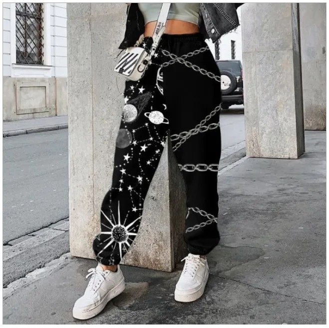 Sweatshirt Pants Female Loose Sweatpants Trendy Printed Elastic Waist Color Block Street Womens Jogger Pants With Pockets Fall