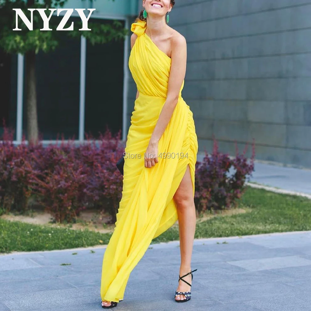 Chiffon Yellow Bridesmaid Dresses NYZY C232 Pleats One Shoulder Formal Dress for Party Prom Cocktail Evening Homecoming