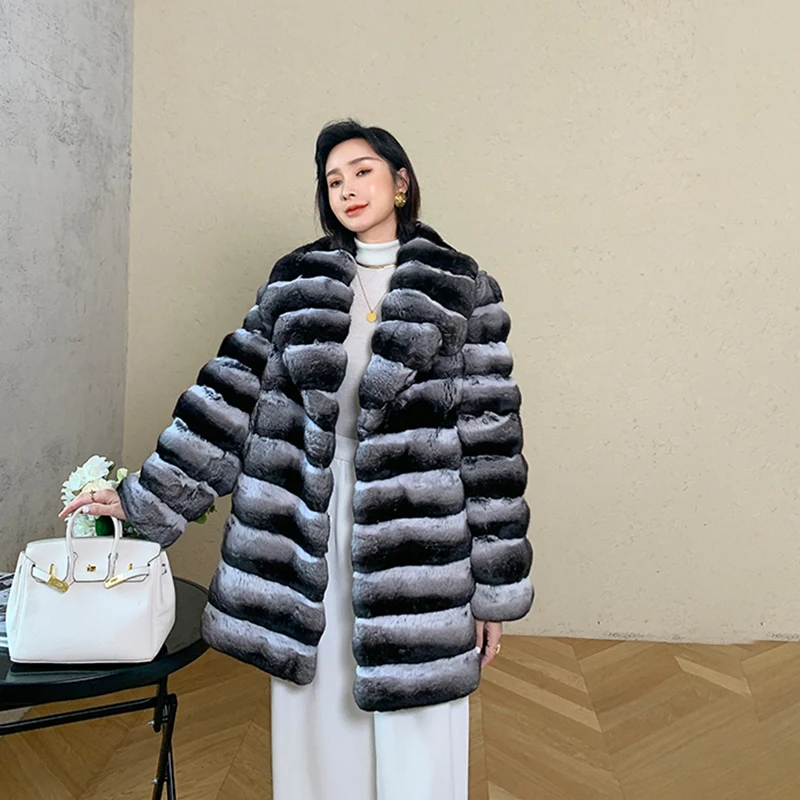 Ftangaiur Winter Import Cyan Blau Chinchilla Mantel Umlegekragen Medium Frauen Gehobene Natürliche Farbe Chinchilla Pelzmäntel