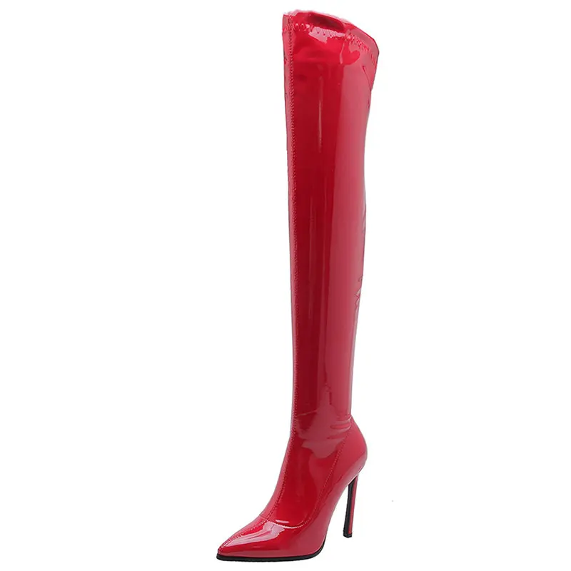 Lasyarrow Autumn Winter 2019 Sexy High Heels Boots Women Red Patent Pu Pointed Toe Long Over The Knee Boots Party Lady Shoes