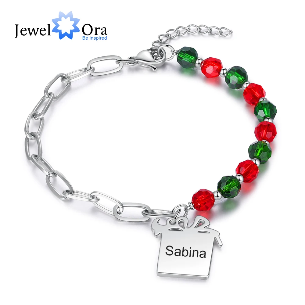 JewelOra Designer Personalized Engraved Name Gift Box Shaped Charm Bracelet Custom Gift Beaded & Link Chain Bracelets for Women