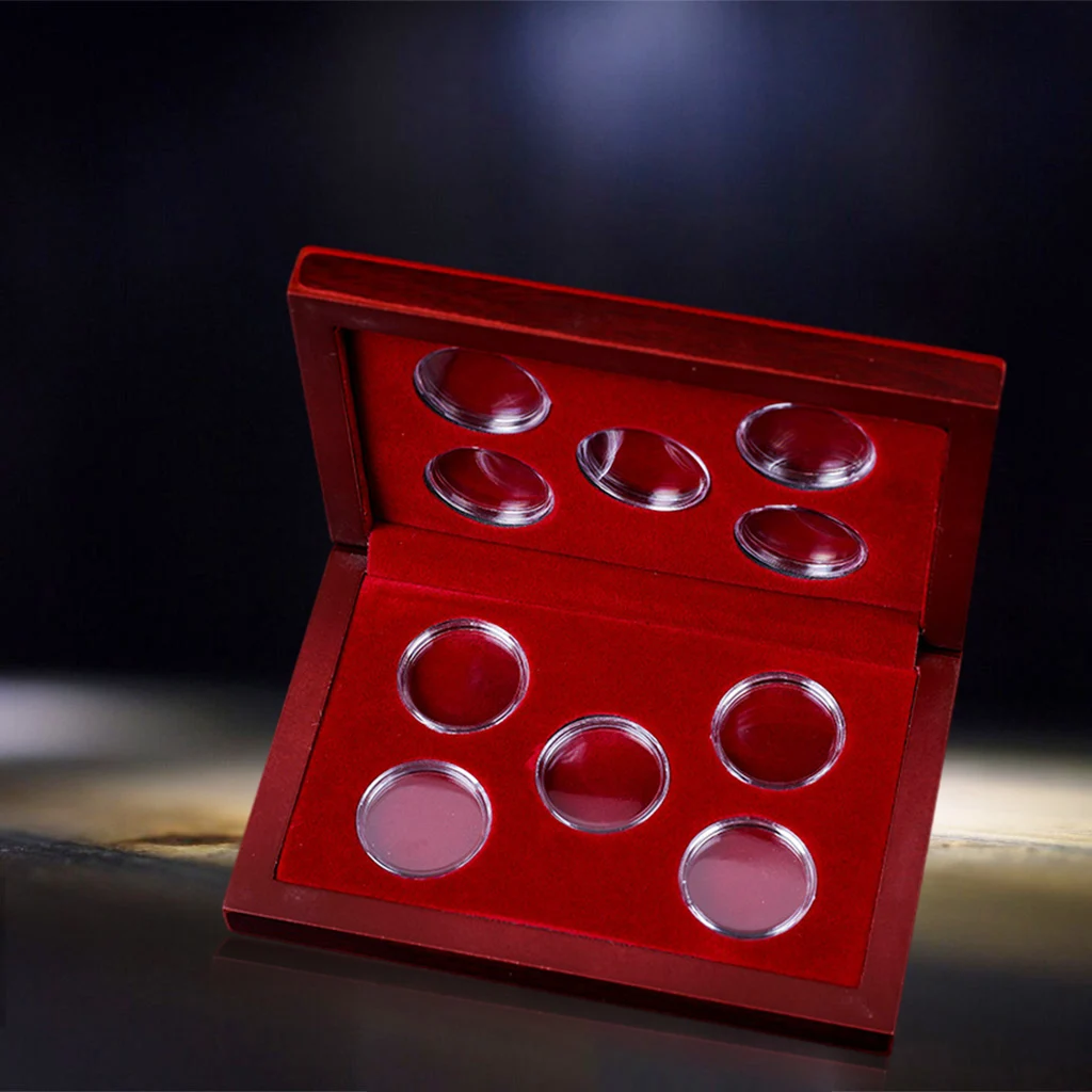 Coins Holder, Wooden Coins Storage Box for Collectible Commemorative Coin with 10pcs Capsules