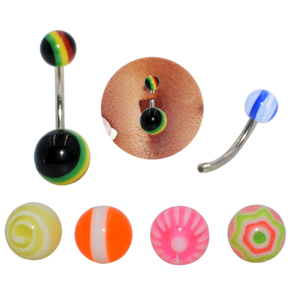 CHUANCI 1 Card Surgical Stainless Steel Bar with Acrylic Round Ball Navel Belly Button Ring Body Piercing Jewelry 14G