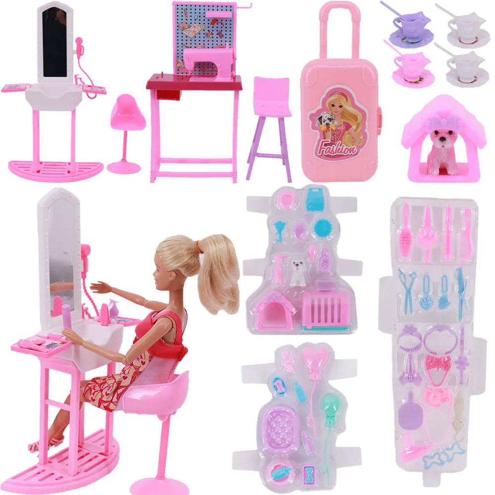 Babies Accessories Mini Dresser Sewing Machine Cat Pet Props Cup Furniture Plastic Food Drink Doll Bed For Barbies Girl's Gifts