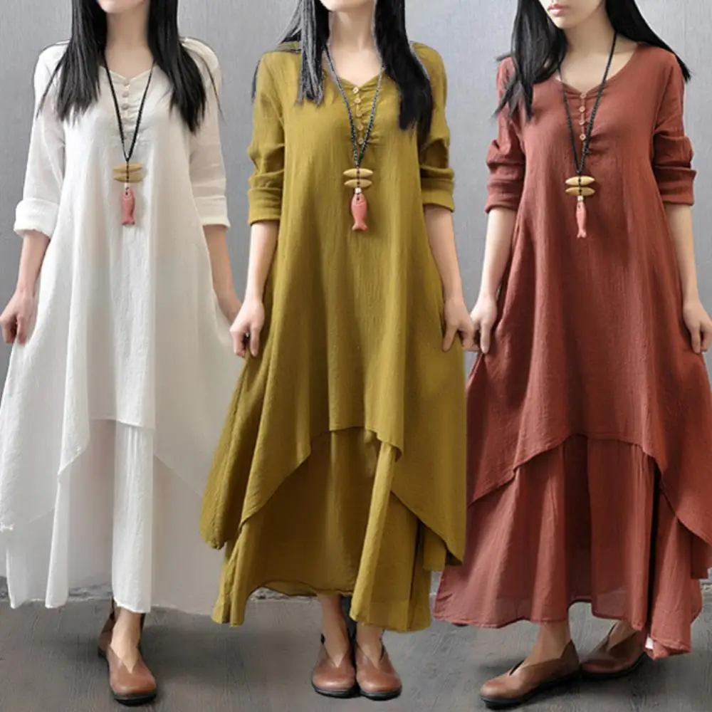 Xuân Hè Nữ Dài Cotton Linen Dress Trắng Plus Kích Thước Giả Hai Mảnh Cổ Tròn Đầm Maxi Công Sở Dáng Rộng Đầm