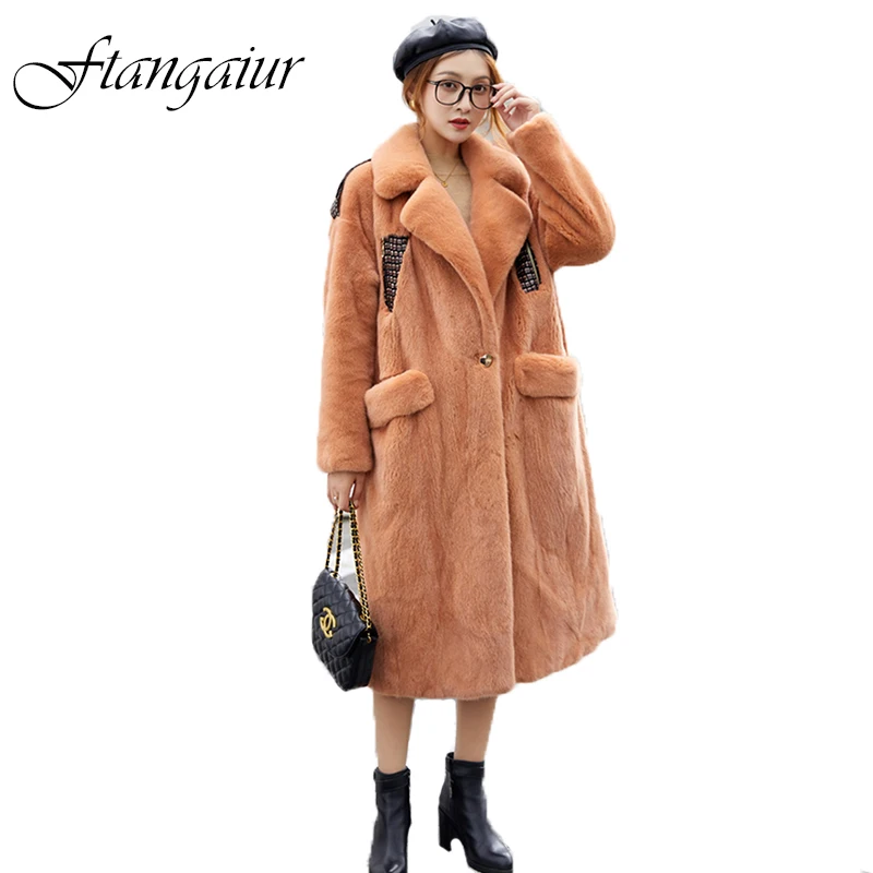 

Ftangaiur Winter Import Purple Standard Velvet Mink Fur Coat Women X-Long Turn-Down Collar Natural Real Mink Fur Coats