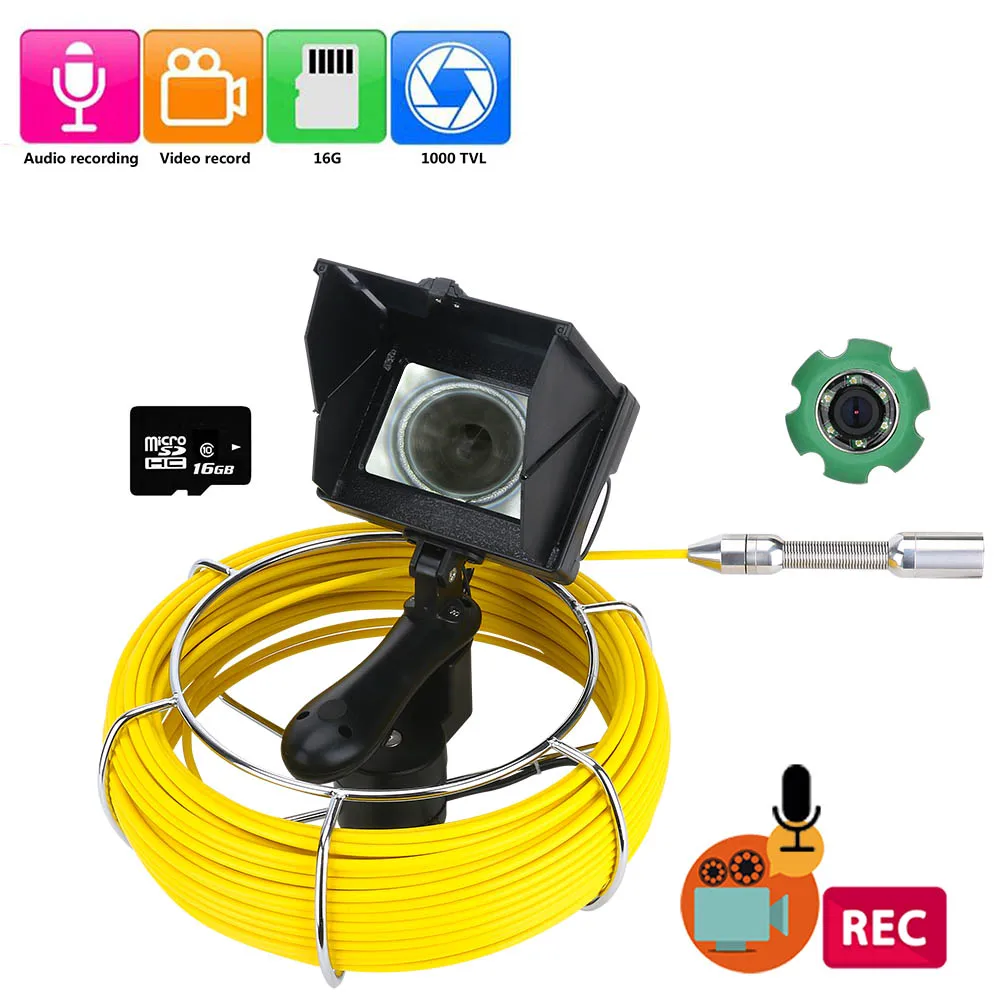 20M 30M 50M Thông Tắc Ống Cống Kiểm Tra Máy Quay Video, 16GB Thẻ TF Đầu Ghi Hình IP68 Thoát Nước Thông Cống Đường Ống Camera Nội Soi Công Nghiệp Với 4.3 Màn Hình