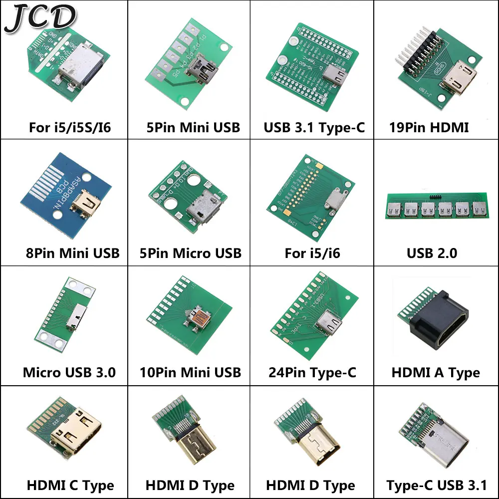 JCD USB 2.0 3.0 3.1/Type-C/HDMI-compatibl Female Connector Socket For iPhone 5 5S 6 Mini Micro USB to DIP Adapter PCB Test Board