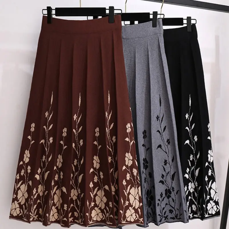 Retro Large Size Women's Knitted Floral Midi Skirt Autumn Winter New High Waist Fashion Elegant Pleated Skirt Korean Saia Y784