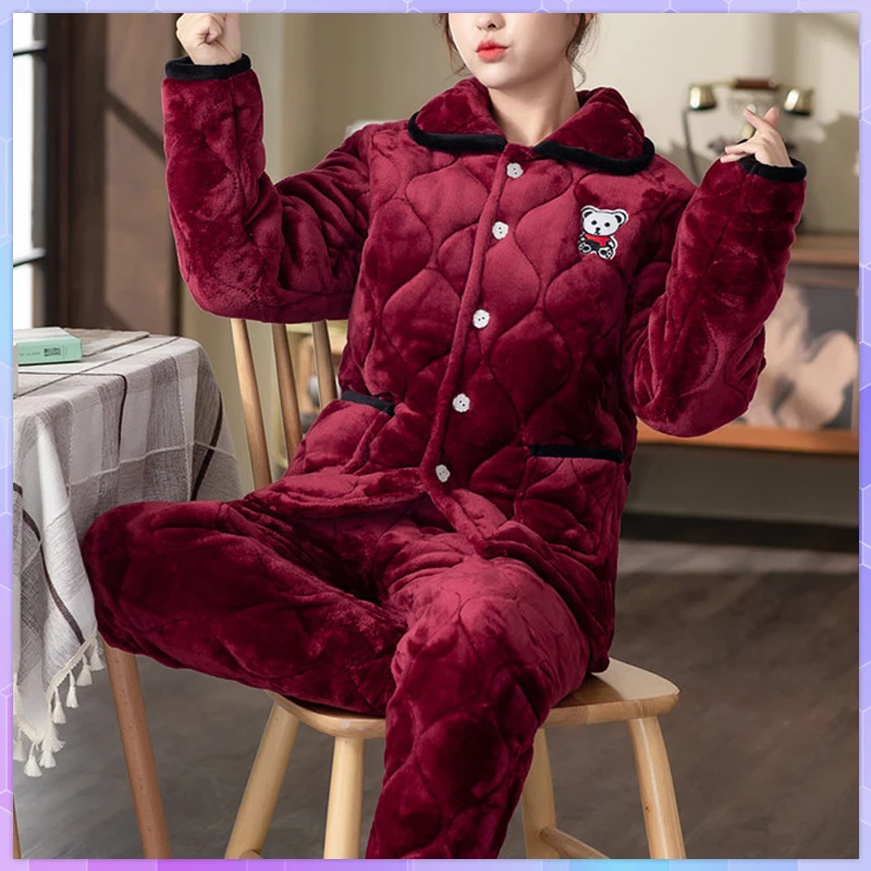 Three-Layer Winter Thick Warm Flannel Women\'s Pajamas Sets Sleepwear Plus Velvet Home Clothing Female Set Woman 2 Pieces Suit