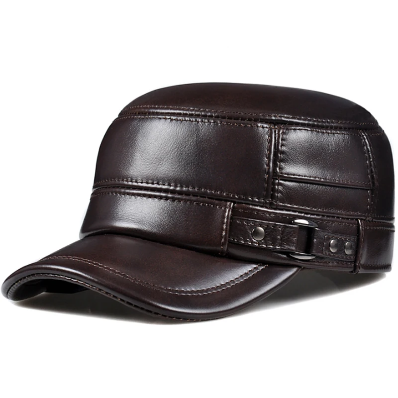 Gorra de cuero genuino para hombre, gorro plano, cálido, militar, elegante, británico, Vintage, de cuero de vaca