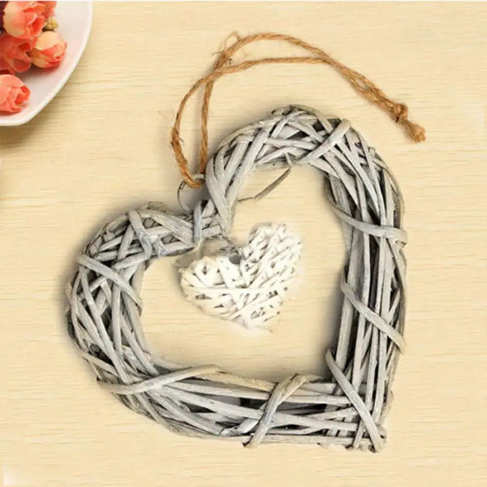 Chic Wicker Hanging Hearts Gray White Artificial Rattan Wreaths DIY Heart Wicker Wedding Birthday Party Wall Hanging Decoration