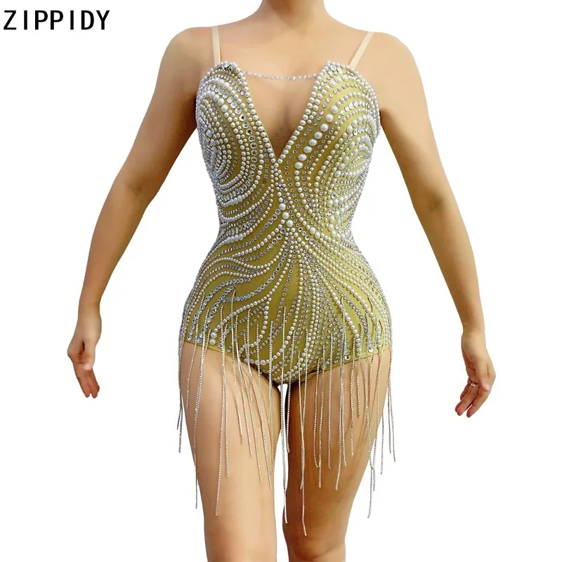 

Silver Stones Tassel Pearl Bodysuit Birthday Celebrate Rhinestones Fringe Outfit Prom Female Singer Dancer Show Wear