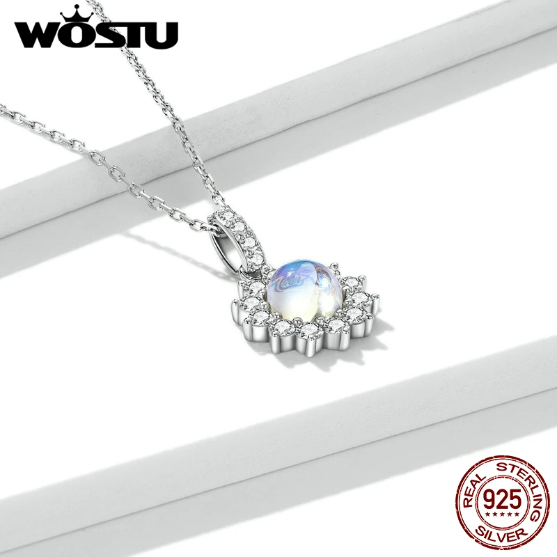 WOSTU 925 Sterling Silver Dazzling Sunflower Moonstone Zircon Necklace For Women S925 Chain Pendants Fine Jewelry Gift FNN242