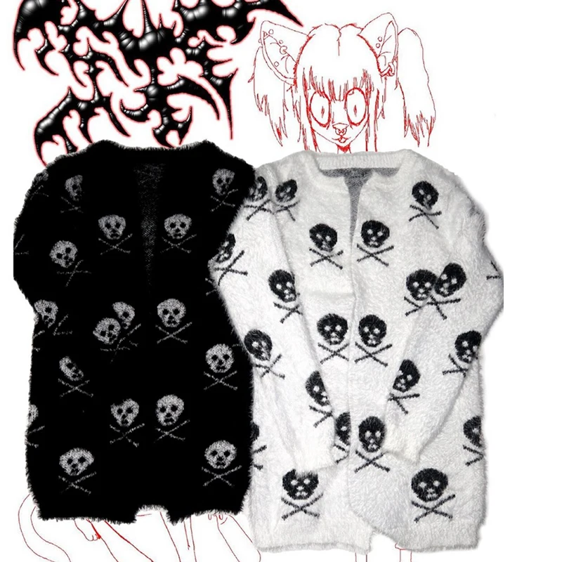 Lady Skull Dark Goth Street z długim rękawem swetry z dzianiny czarny biały Gothic kobiety sweter sweter jesień otwórz Stitch koreańska bluzka