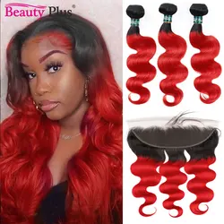 Pacotes vermelhos coloridos com frontals 13x4 orelha à orelha frontal flamejante onda do corpo do cabelo humano peruano vermelho laço frontal com pacotes