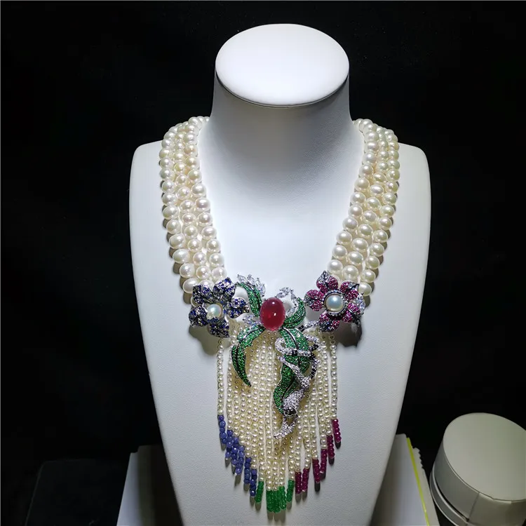 

3 rows 8-9mm white freshwater cultured pearl color stone micro inlay zircon flower accessories tassel necklace long 45-51cm