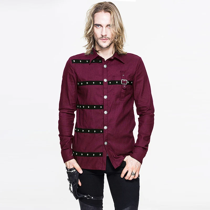 New Black Long Sleeve Turn Down Collar Rivet & Belt Buckle Goth Shirt Steampunk Clothing Men\'s Medieval Vintage Top Streetwear