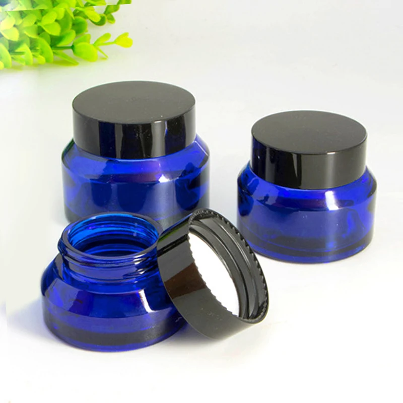 1PCS 15g/30g/50g Blue Glass Amber Cosmetic Facial Cream Bottles Lip Balm Sample Container Jar Store Vials Travel Makeup Pots